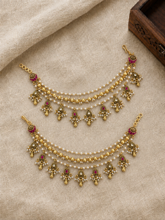 Gold-Plated Jadau Kundan Ear Chain with Floral and Crescent Motifs | Handmade Gold Plated | EC228