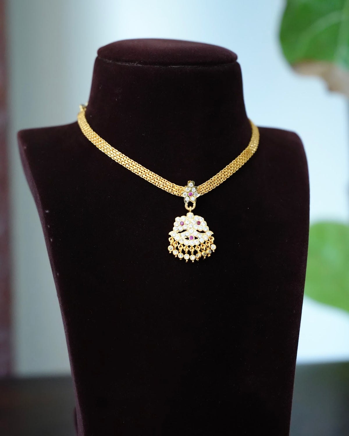Vintage Impon Attigai Necklace | Ruby & White | Handmade Gold Tone | NC941