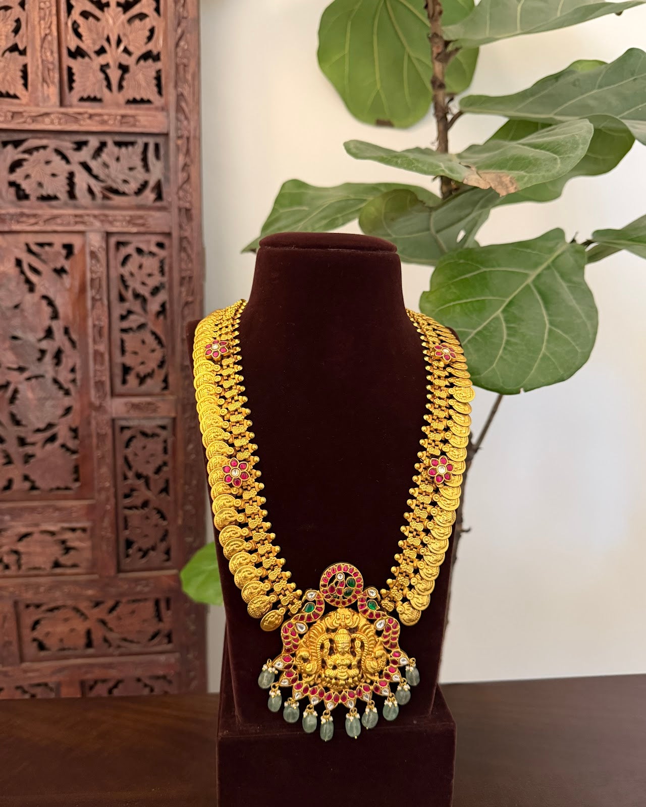 Regal Lakshmi Peacock Pendant Kaasu Haram | Heritage-Inspired Handmade Gold Plated | NC832