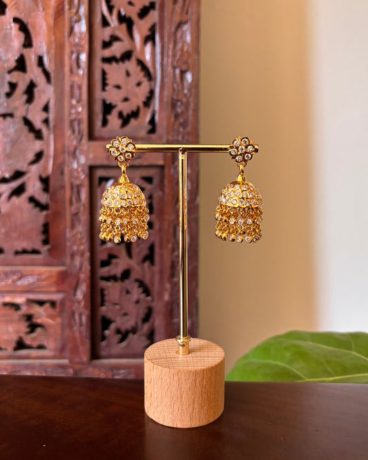 Vintage Impon Layered Stone Jhumkas | White | Handmade Gold Tone | ER505