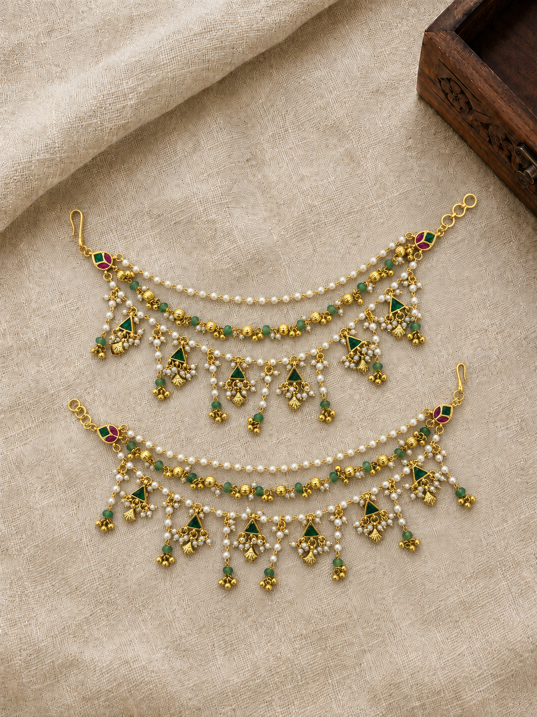 Green Three Layer Bridal Ear Chains | Handmade Gold Plated | EC227