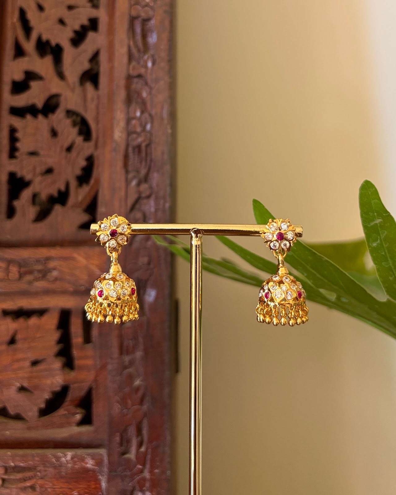 Vintage Impon Small Earrings | Classic Jhumkas | Ruby and White | Handmade Gold Tone | ER443