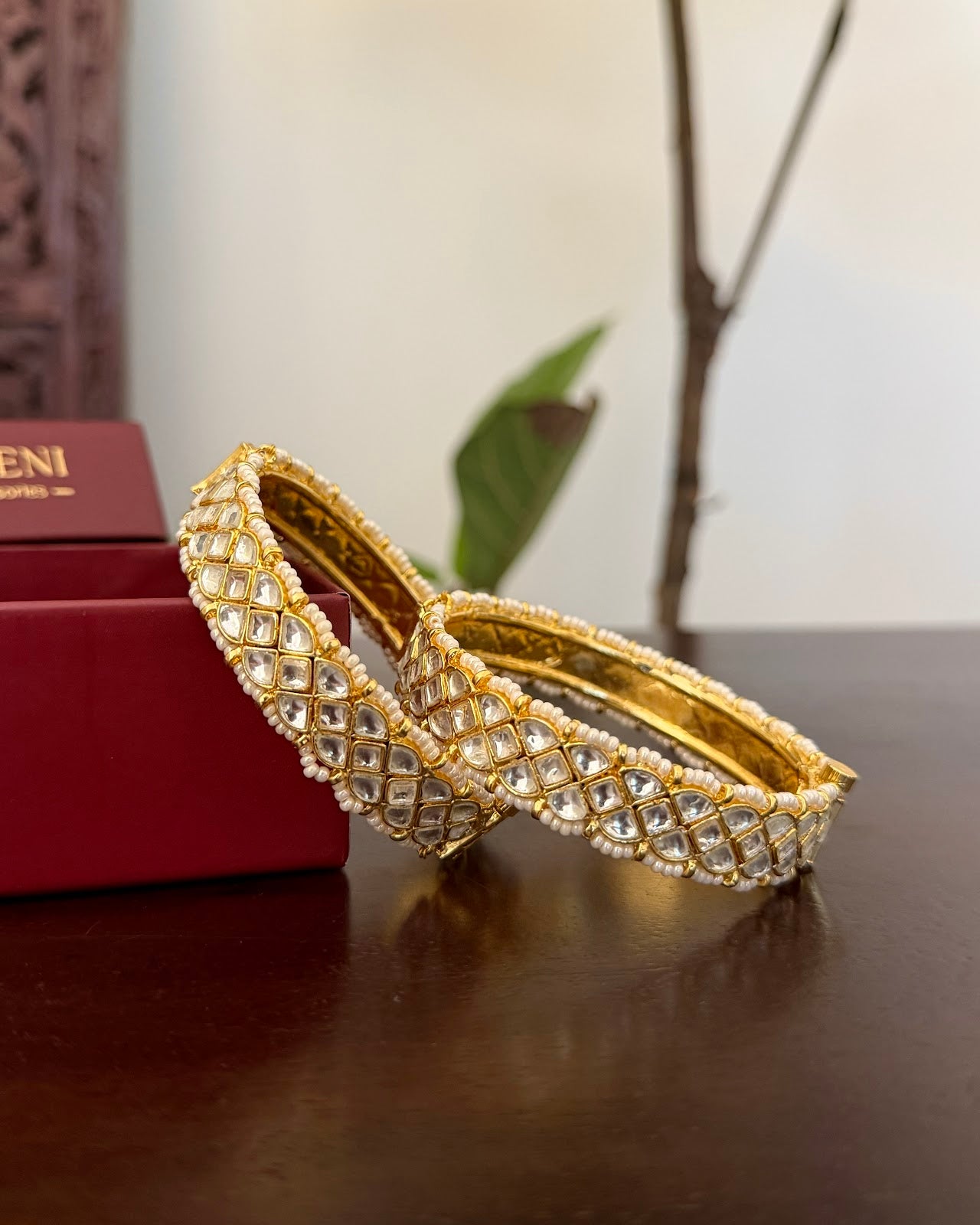 Jadau Kundan Gold Plated Bangles — White with Pearl Detailing | BA130 | BA131 | BA132
