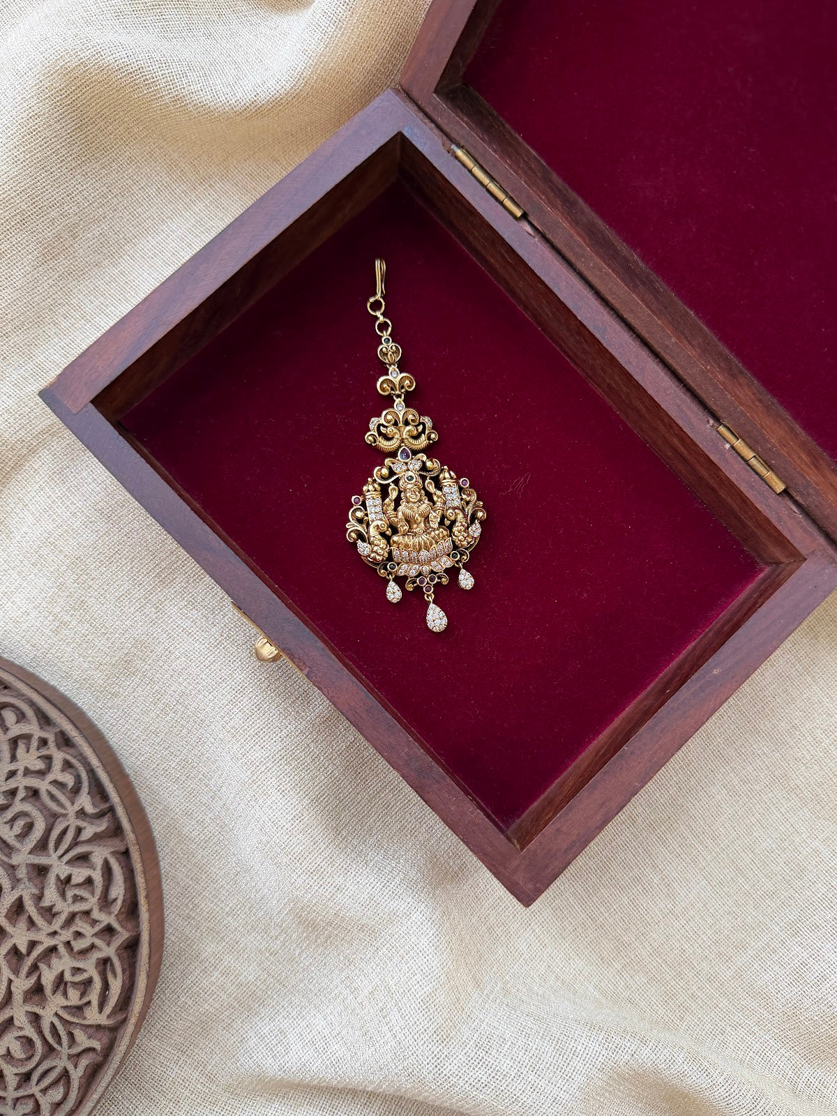 Antique Lakshmi Motif Maang Tikka | Ruby | Handmade Antique Gold Plated | MT379