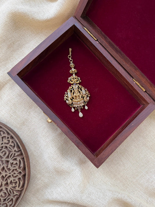 Antique Lakshmi Motif Maang Tikka | Ruby | Handmade Antique Gold Plated | MT379