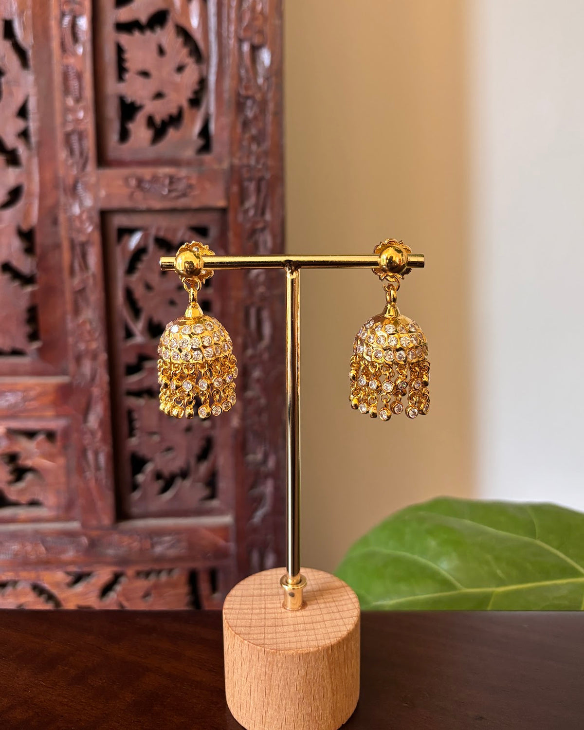 Vintage Impon Layered Stone Jhumkas | White | Handmade Gold Tone | ER505