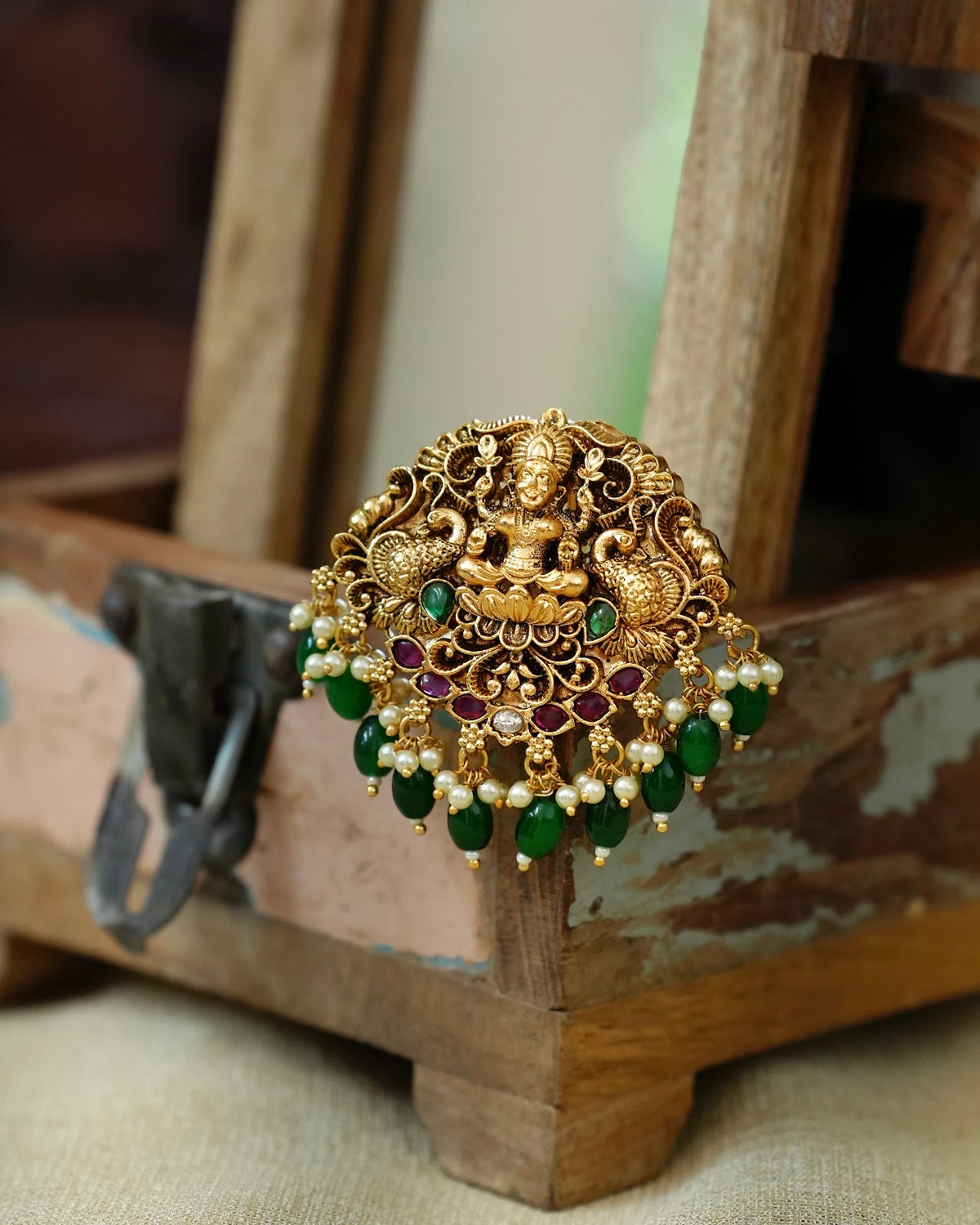 Classic Lakshmi & Peacock Traditional Hair Pendant with Green Beads | Handmade Gold Plated | HA432