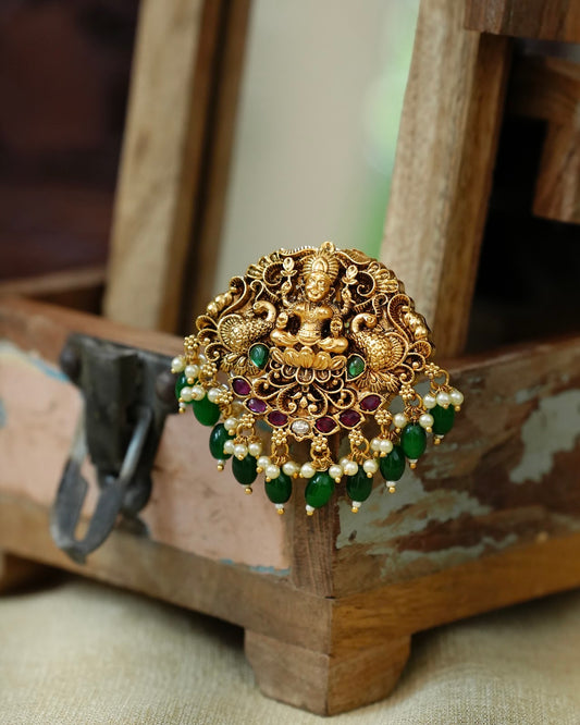 Classic Lakshmi & Peacock Traditional Hair Pendant with Green Beads | Handmade Gold Plated | HA432
