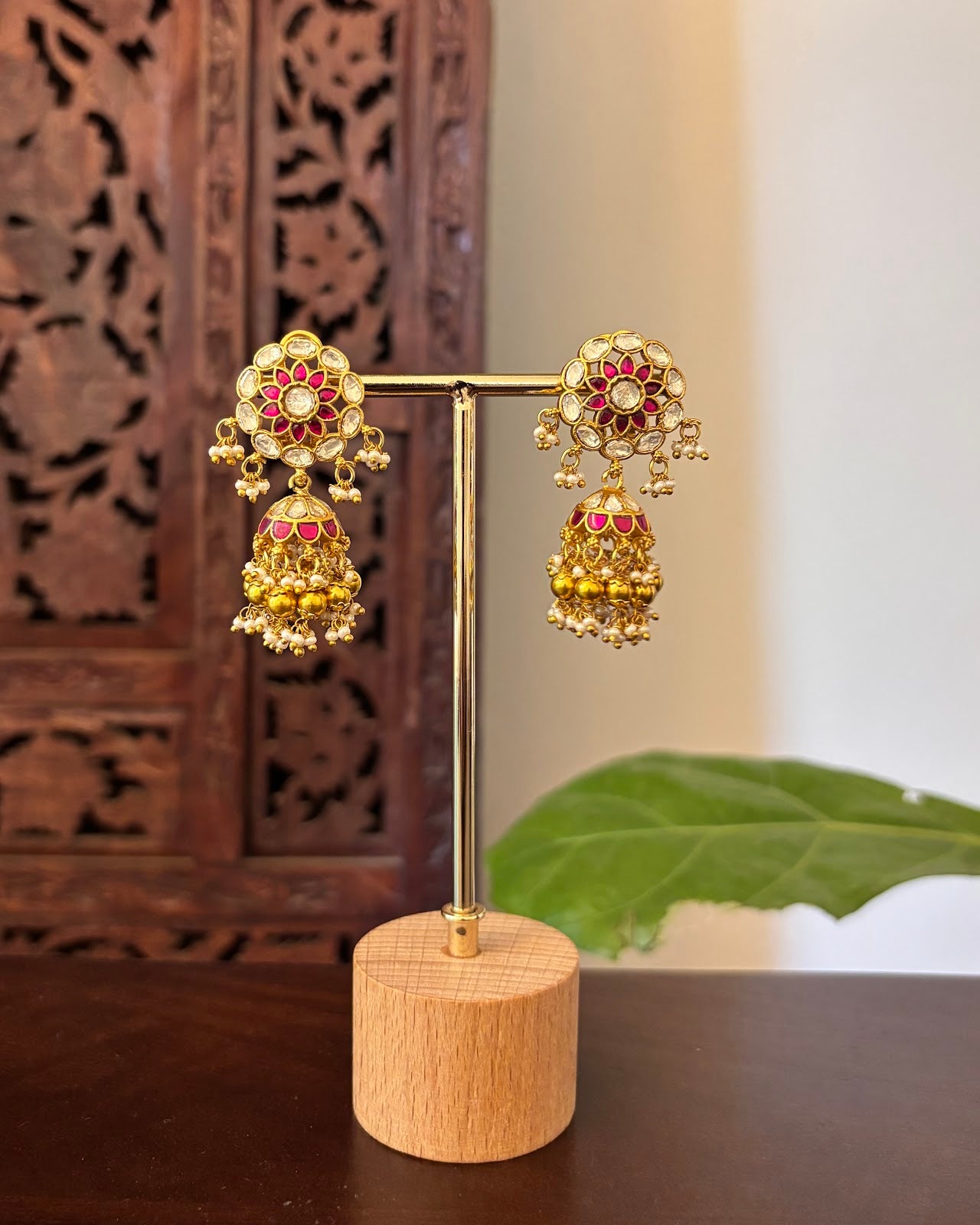 Traditional Ruby & White Jadau Kundan Jhumkas with Pearl Beads | Handmade Gold Plated | ER468