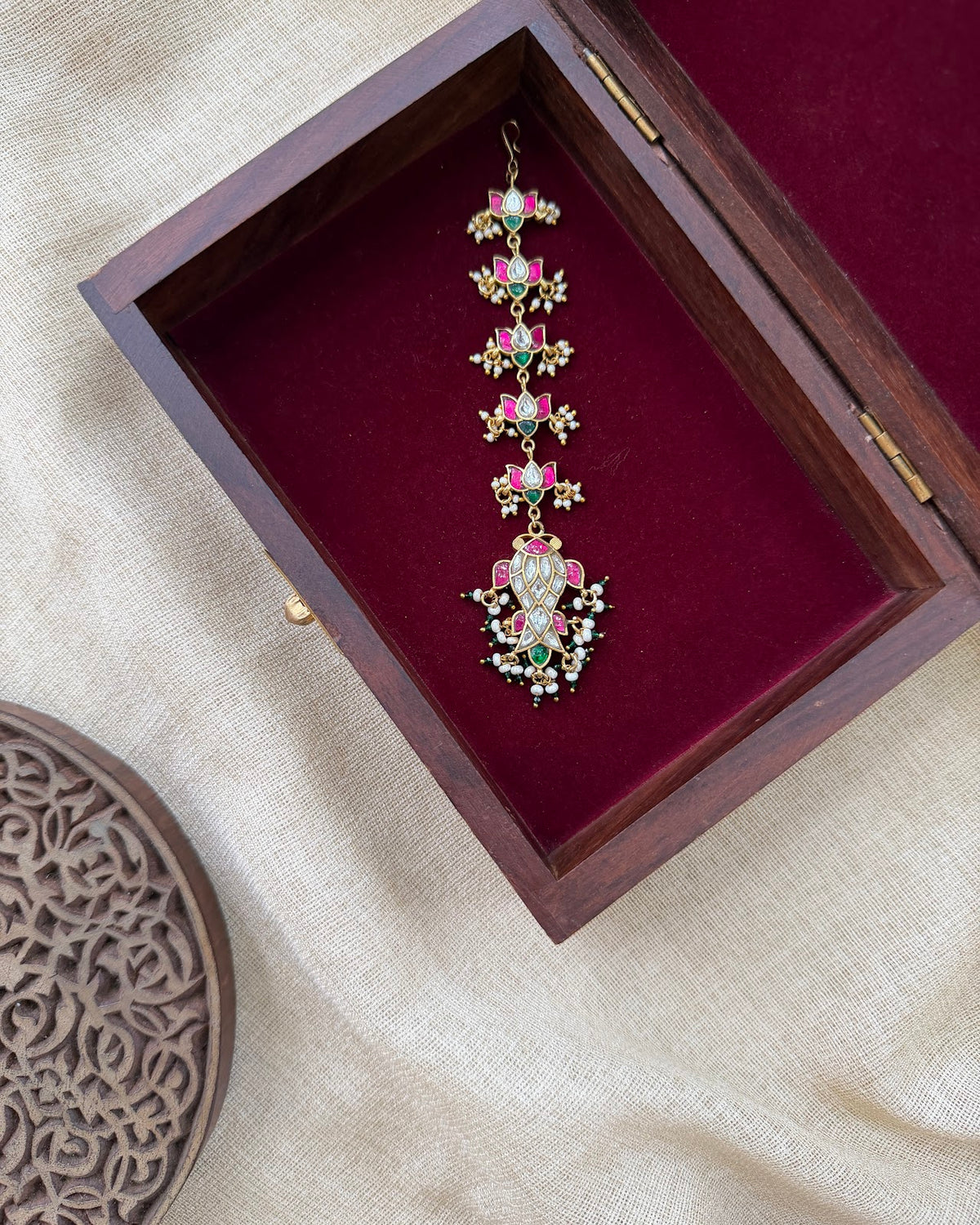 Lotus Jadau Kundan Maang Tikka | Multicolour | Handmade Gold Plated | MT388