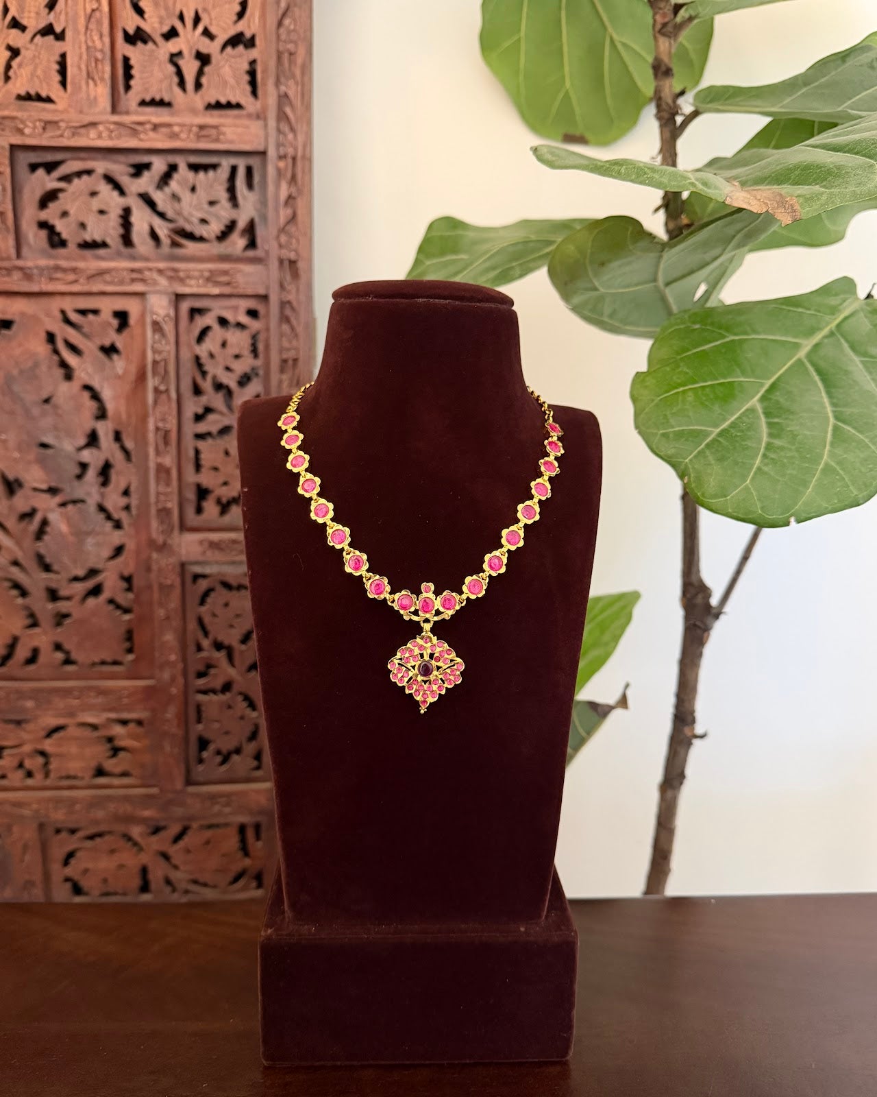 Attigai Vintage Ruby Floral Necklace | Handmade Gold Tone | NC812