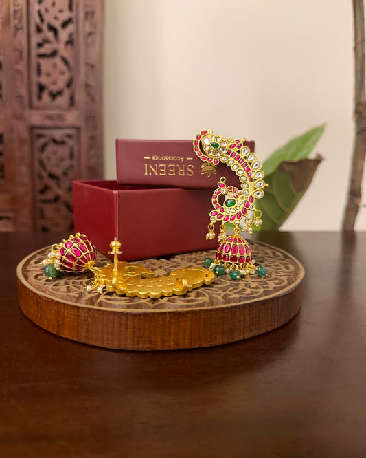 Elegant Multicolour Peacock Jhumkas – Ornate Kundan Design | Handmade Gold Plated | ER496