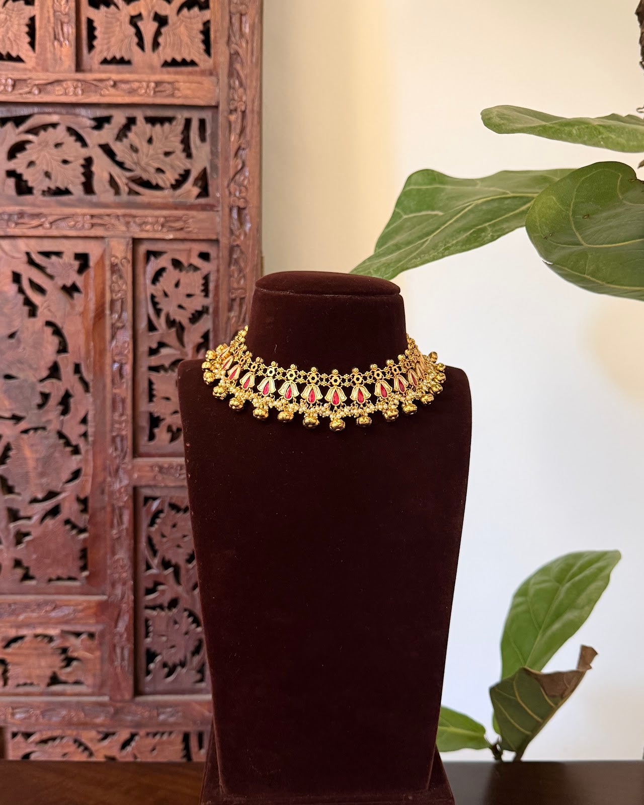 Floral Kundan Necklace with Earrings | Ruby & White | Handmade Gold Plated | NC846