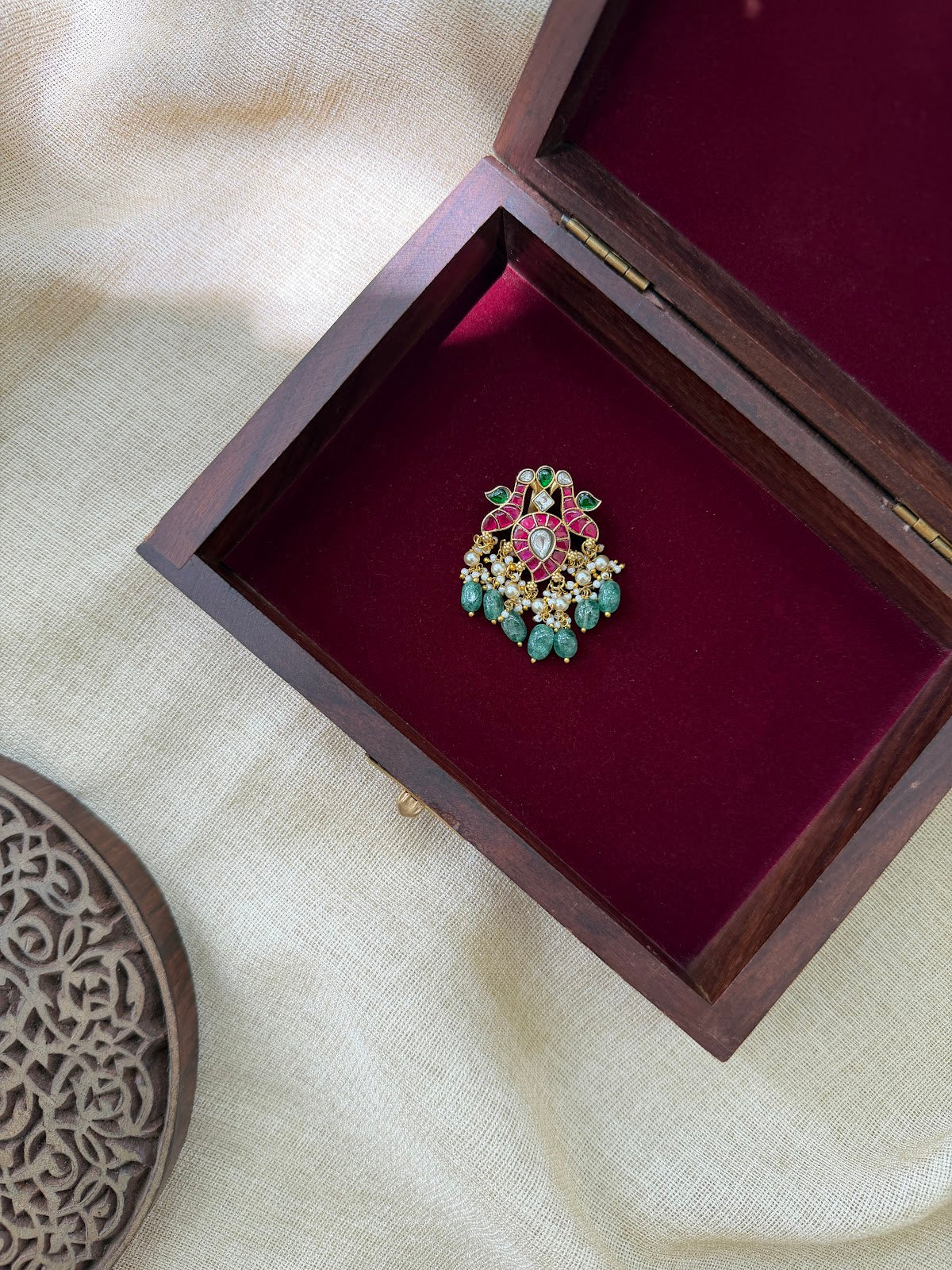 Peacock Multicolour Kundan Pendant | Handmade Jadau with Pearl Hanging | Handmade Gold Plated | HA396