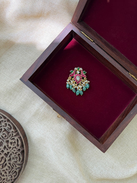 Peacock Multicolour Kundan Pendant | Handmade Jadau with Pearl Hanging | Handmade Gold Plated | HA396