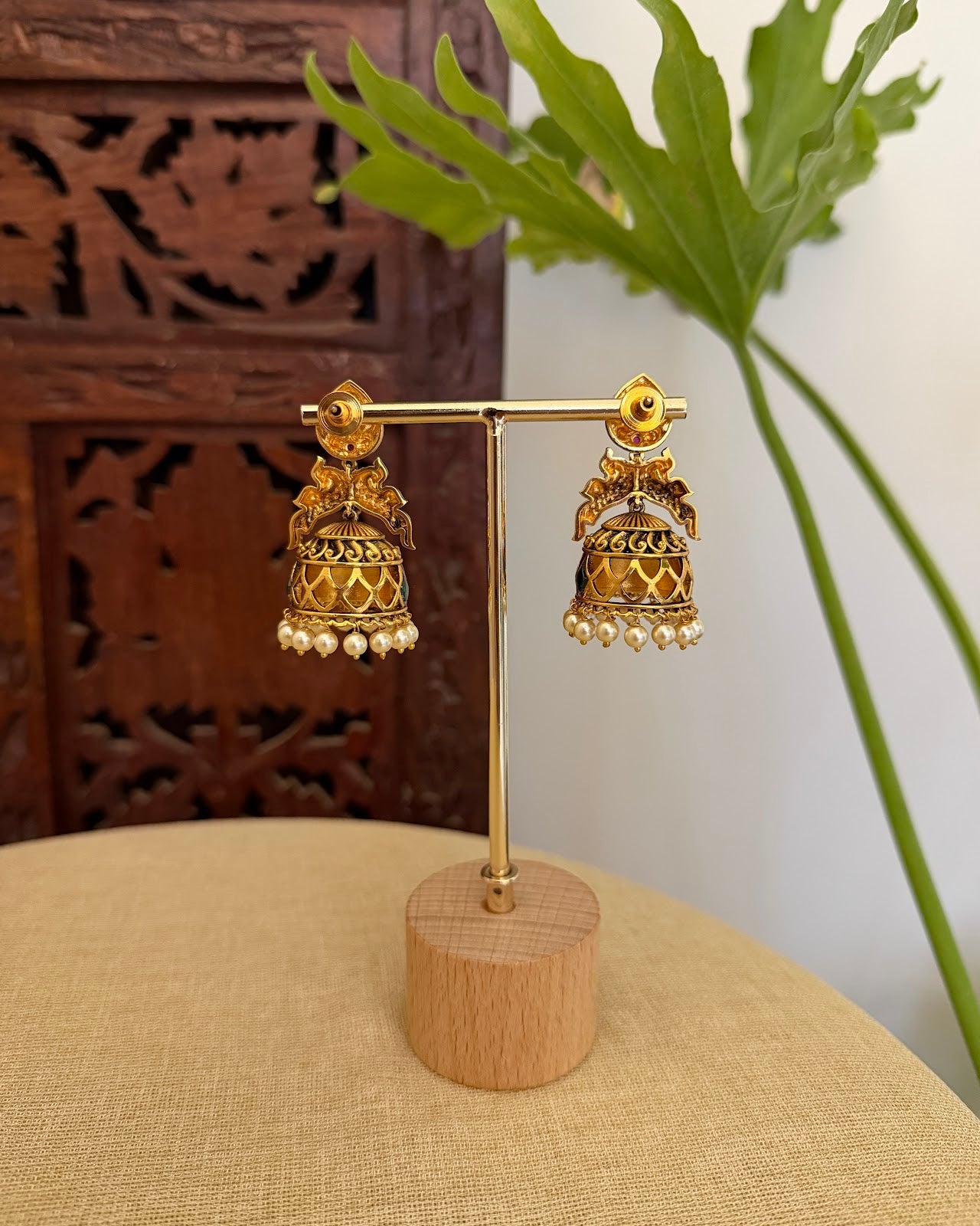Multicolor Peacock Jadau Kundan Jhumkas With Pearl Hangings | ER416