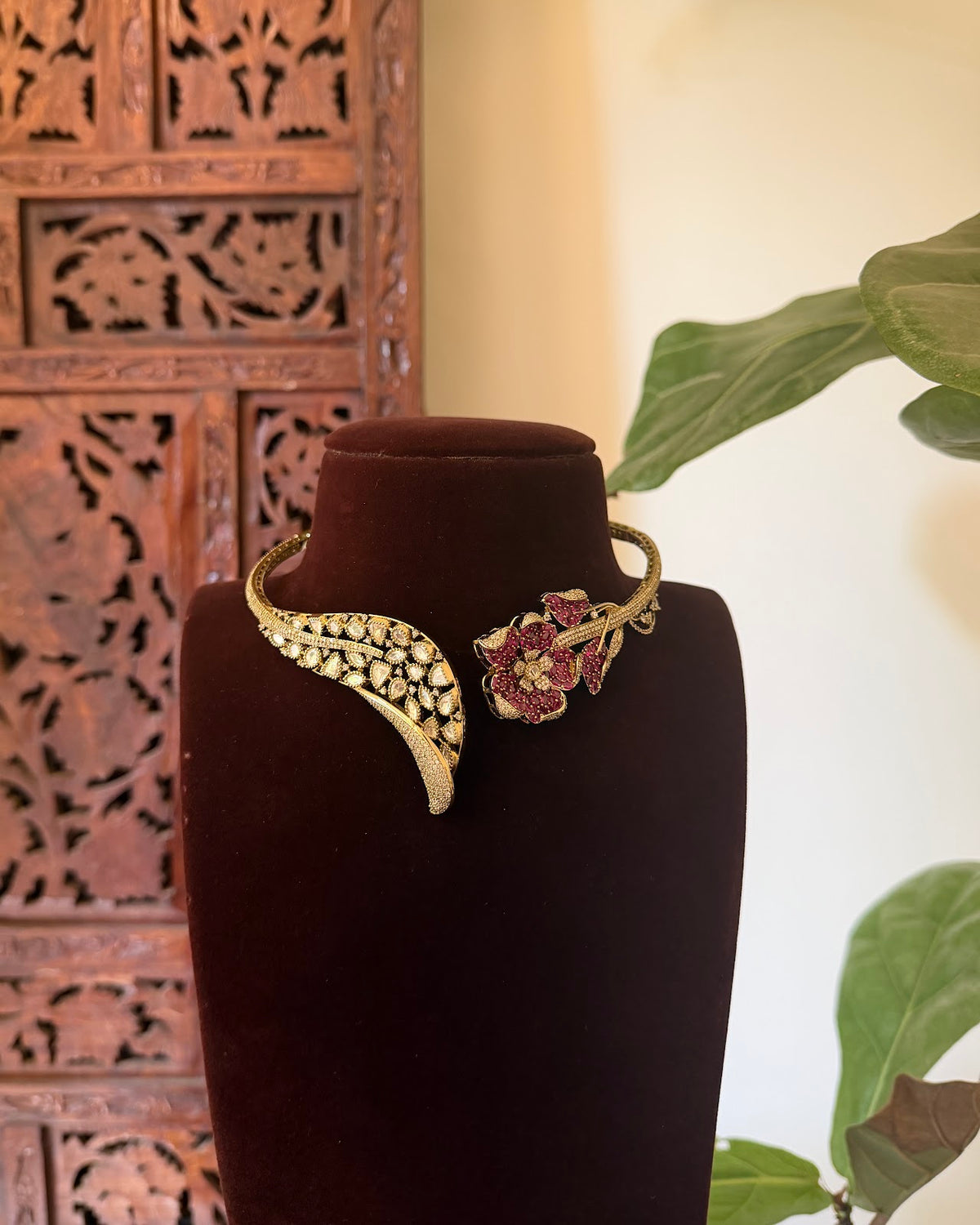 Contemporary Kanti Ruby Floral Choker with Earrings | Handmade Gold Plated | NC876