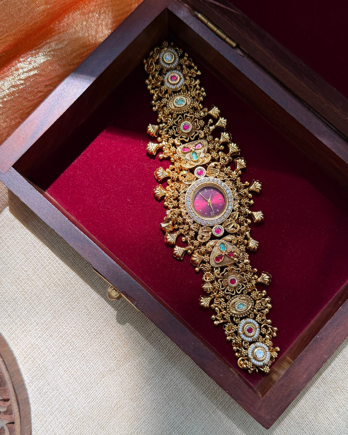 Heritage Jadau Kundan Designer Watch | Handmade Gold Plated | WA006