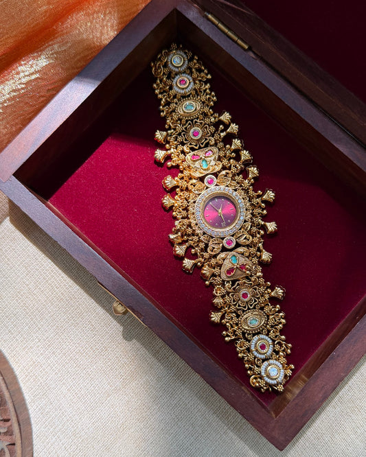 Heritage Jadau Kundan Designer Watch | Handmade Gold Plated | WA006