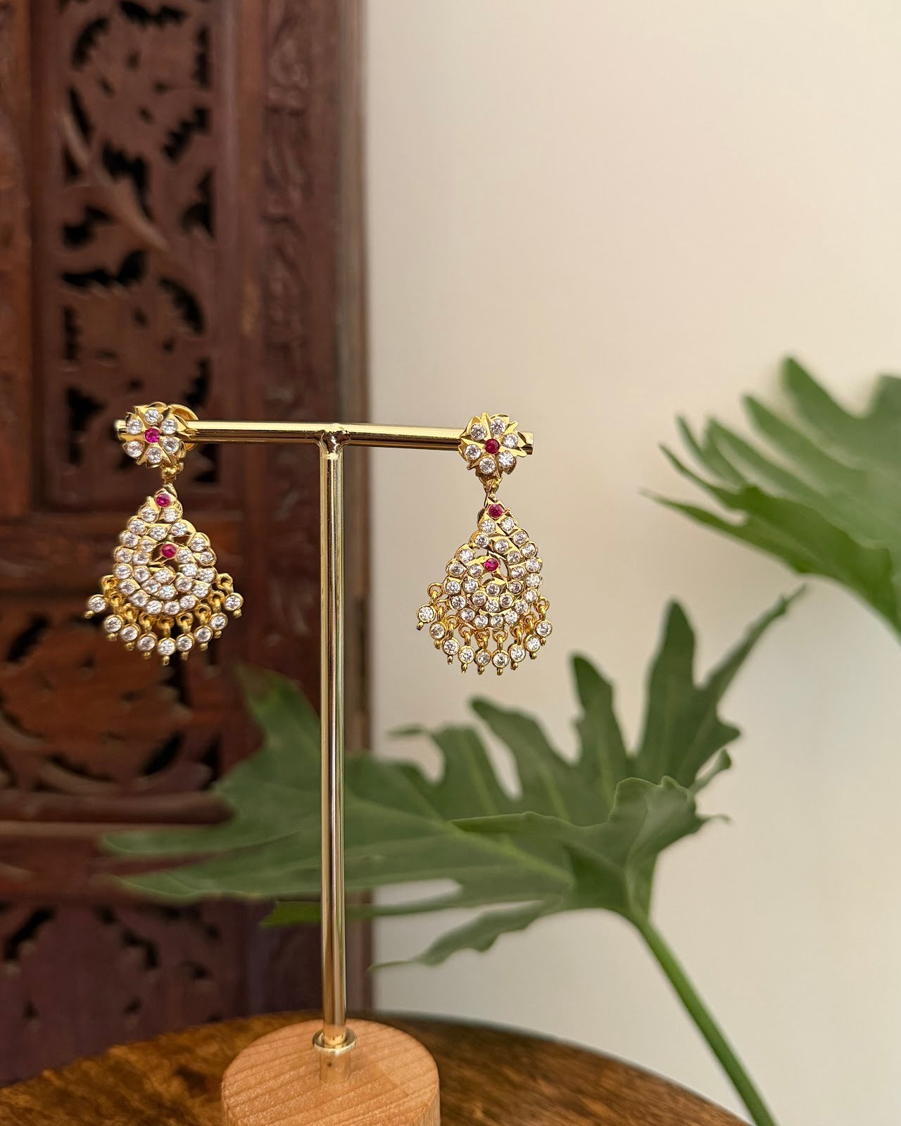 Vintage Peacock Impon Small Jhumkas White Ruby ER393