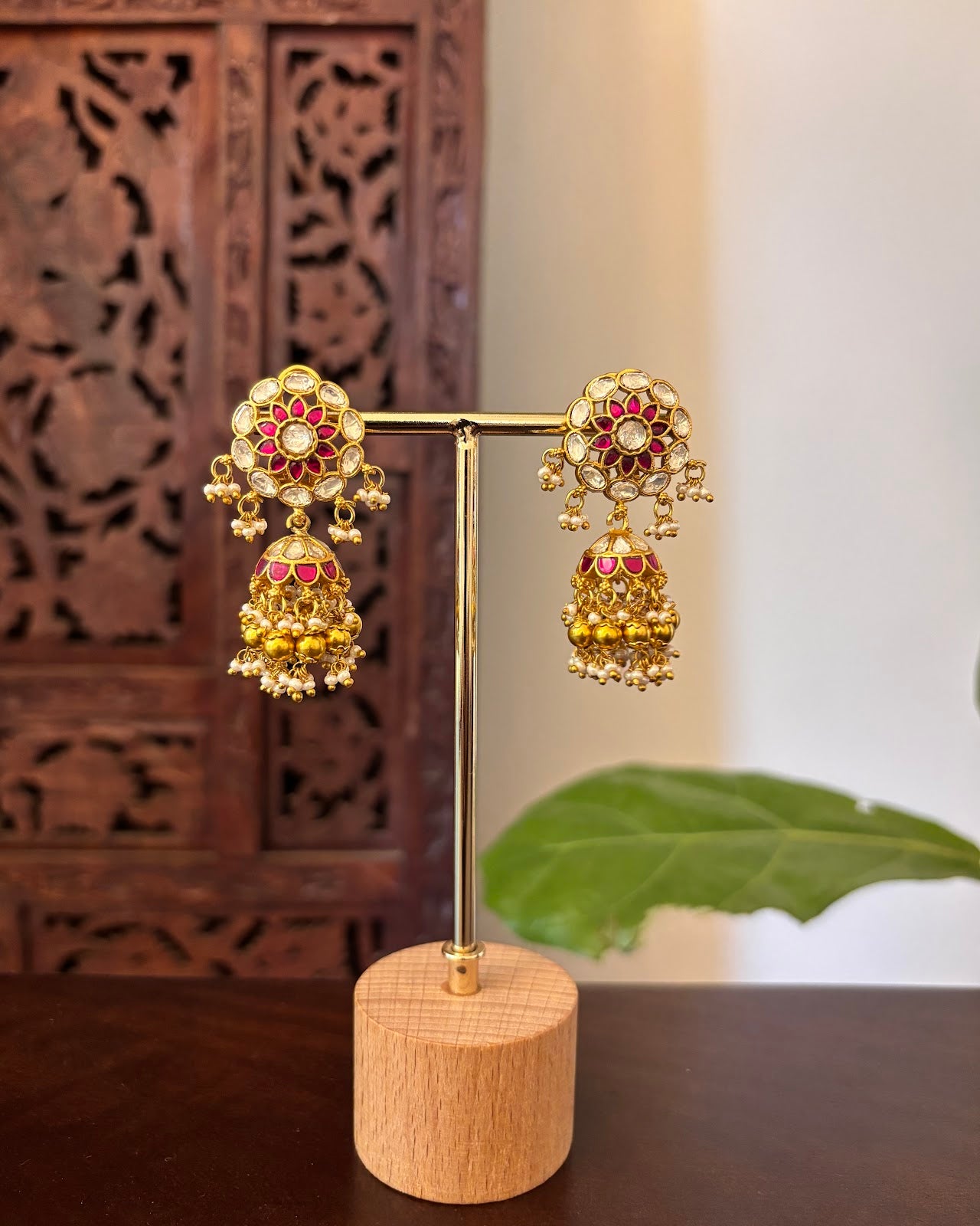Traditional Ruby & White Jadau Kundan Jhumkas with Pearl Beads | Handmade Gold Plated | ER468