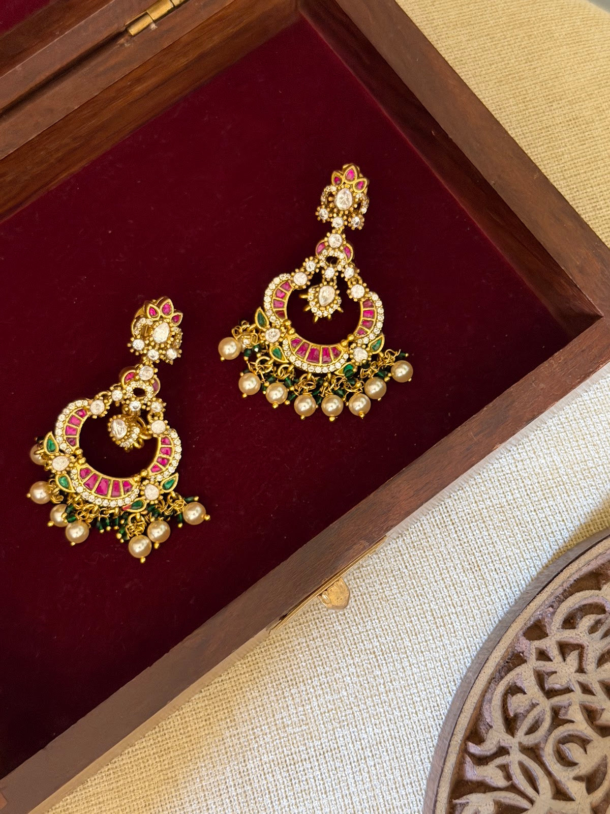 Multicolor Jadau Kundan Peacock Chandbali Earrings with Pearl Hangings | ER414