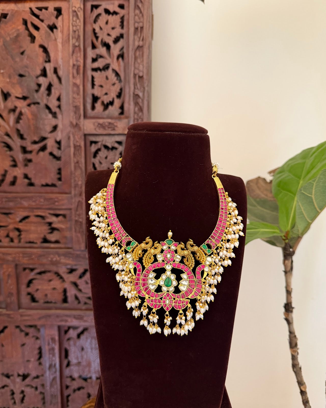 Royal Jadau Kundan Statement Necklace with Peacock Pendant | Handmade Gold Plated | NC781