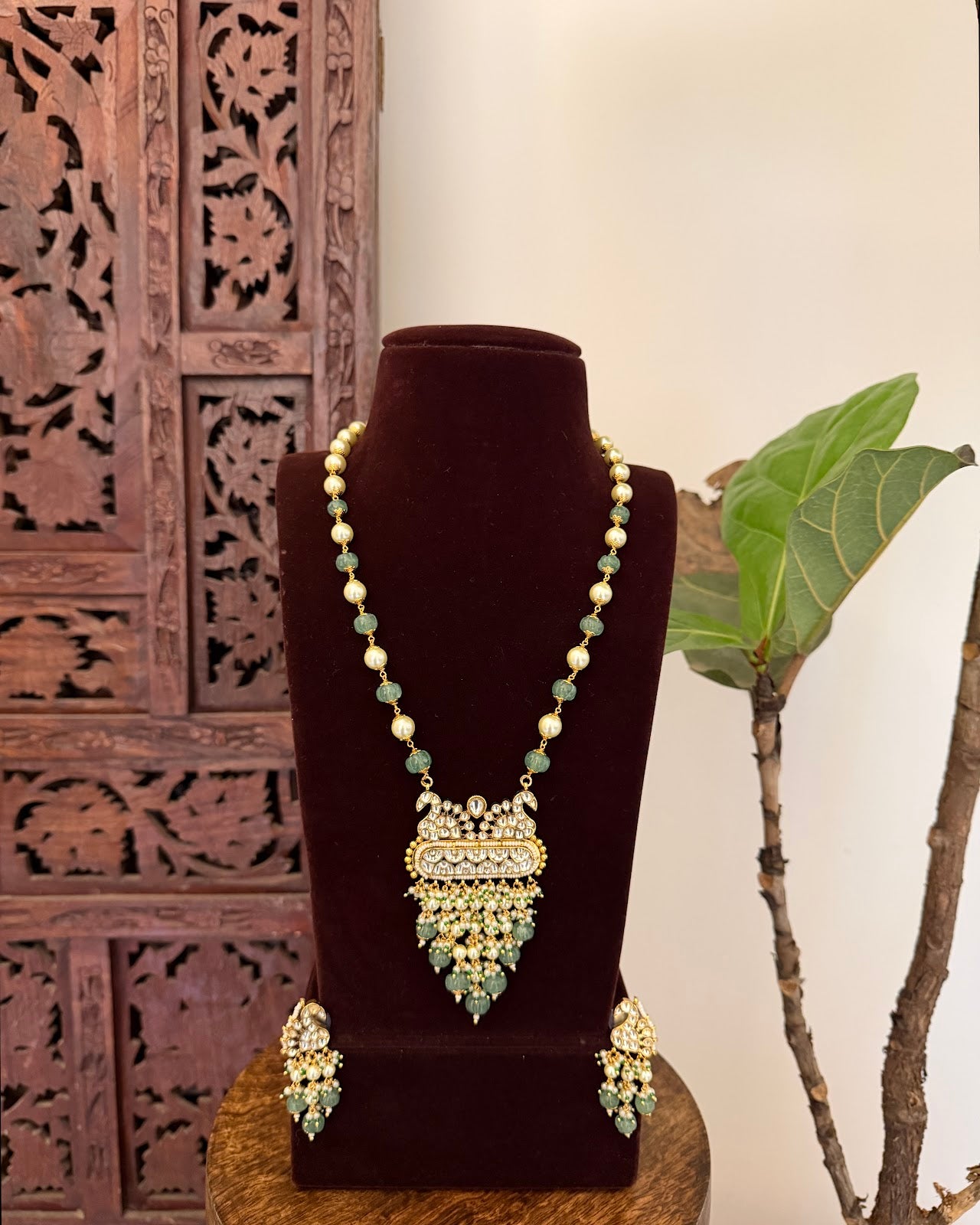 White Gold-Plated Kundan Peacock Malla with Earrings | Handmade Gold Plated | NC794