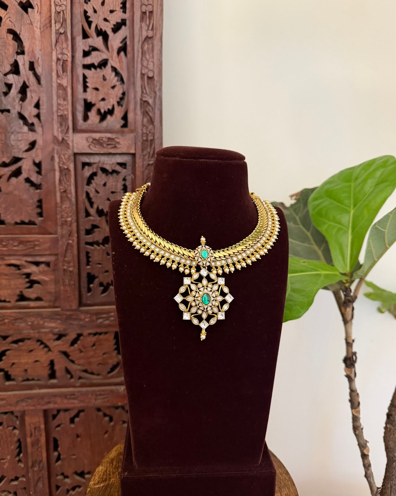 Antique Kundan Gold Plated Necklace with Jhumkas | Handmade Gold Plated | NC726