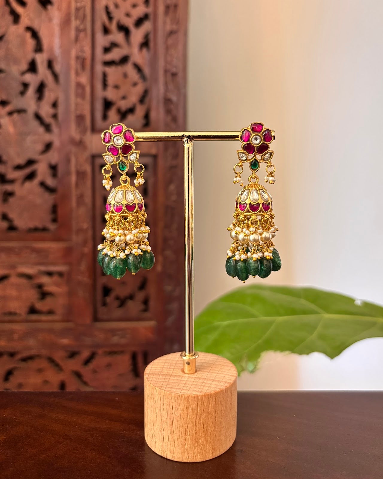 Heritage Floral Jadau Earrings | Handmade Gold Plated | ER471