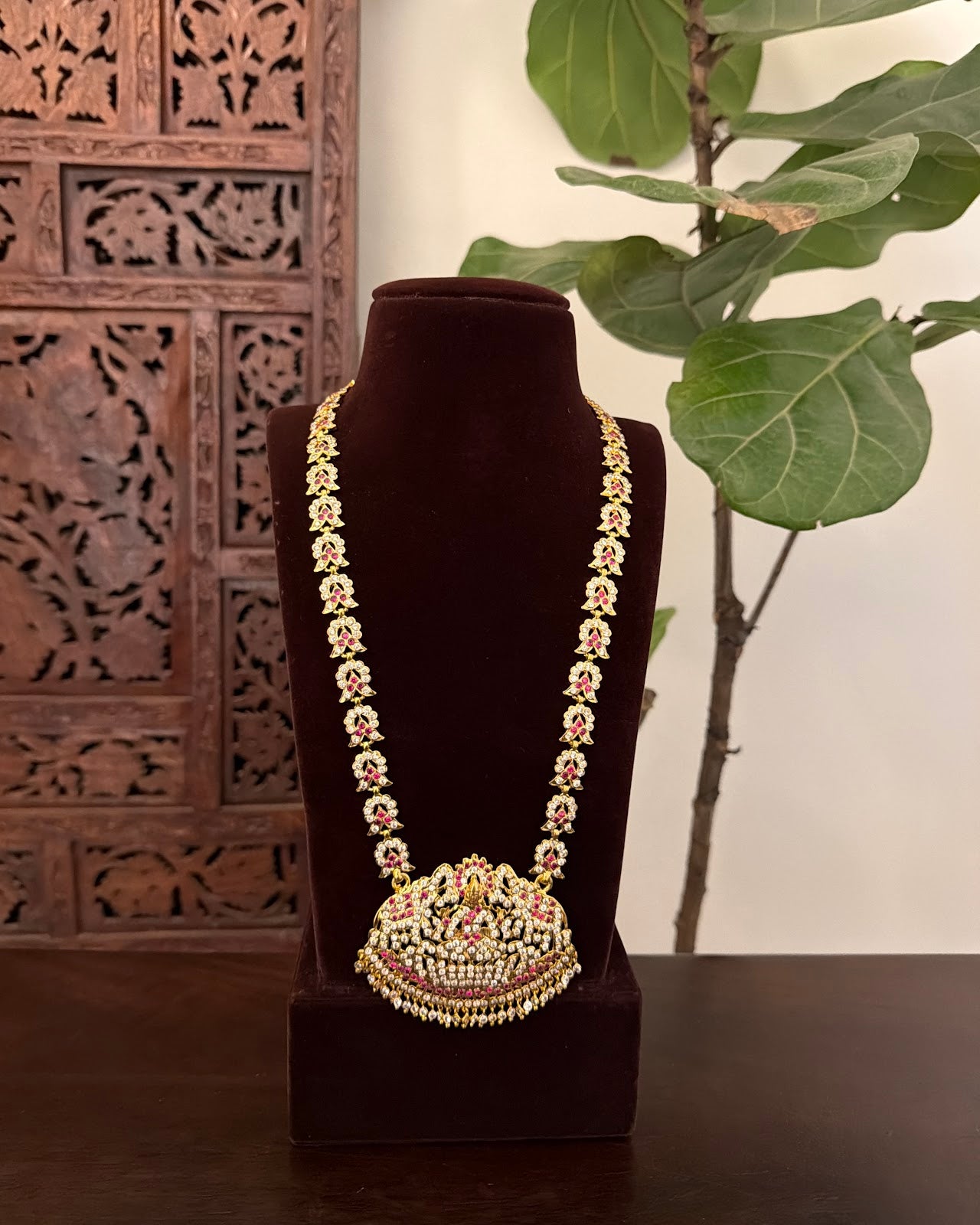 Vintage Impon Ruby & White Long Haram Necklace | Handmade Gold Tone | NC835