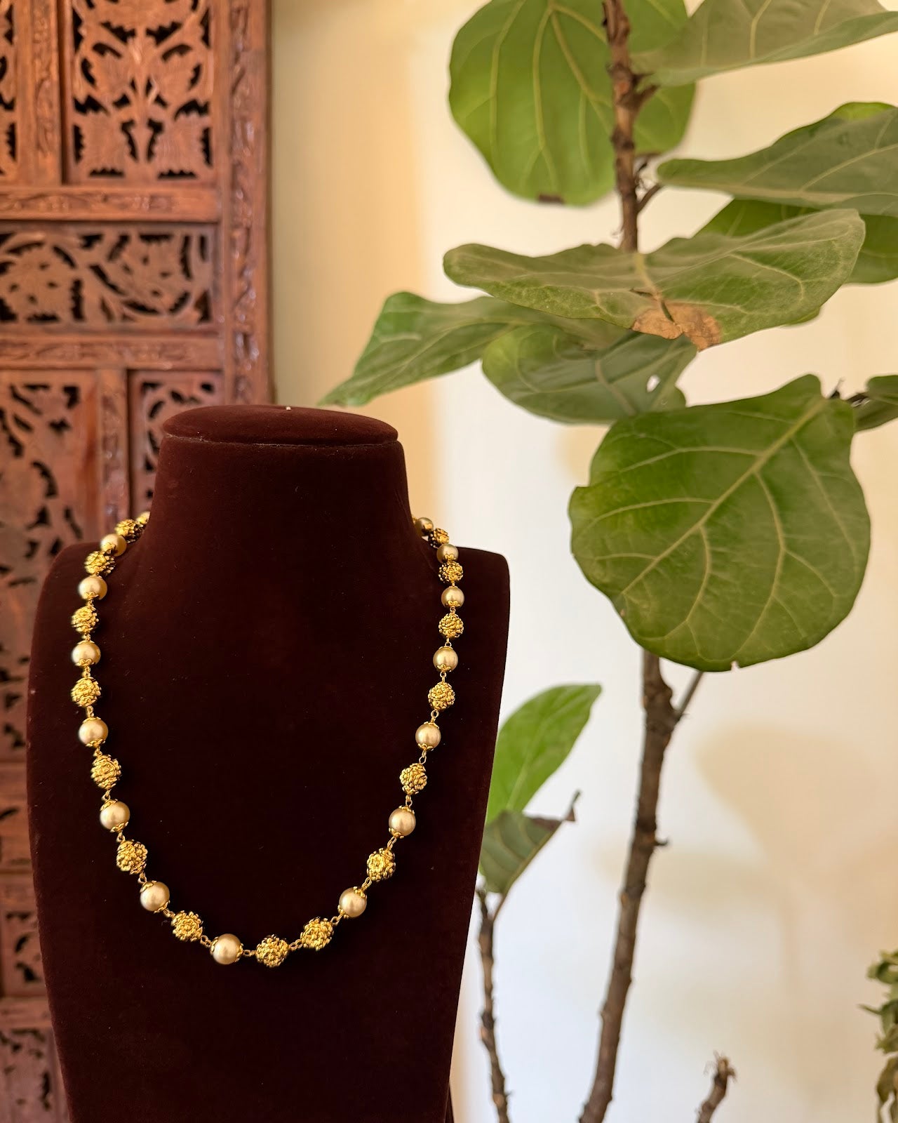 Antique Pearl Gold Plated Bead Mala Necklace | Handmade Gold Plated | NC816