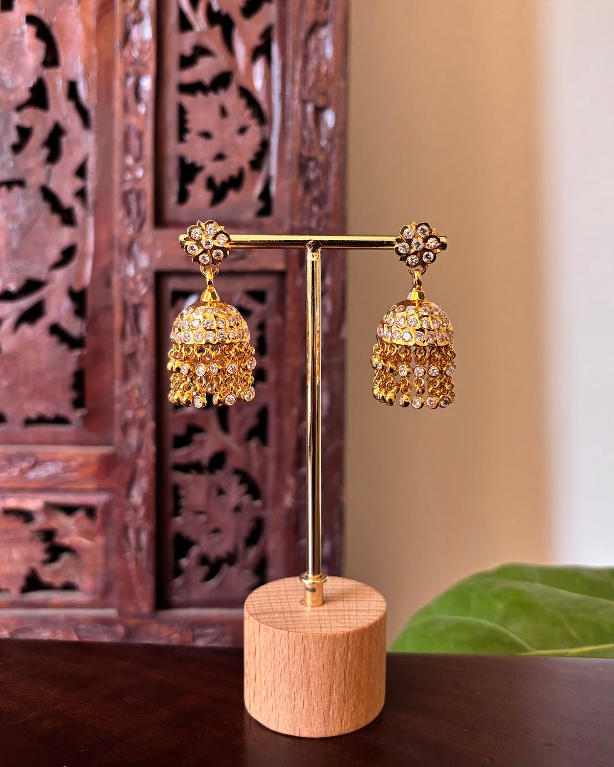 Vintage Impon Layered Stone Jhumkas | White | Handmade Gold Tone | ER505
