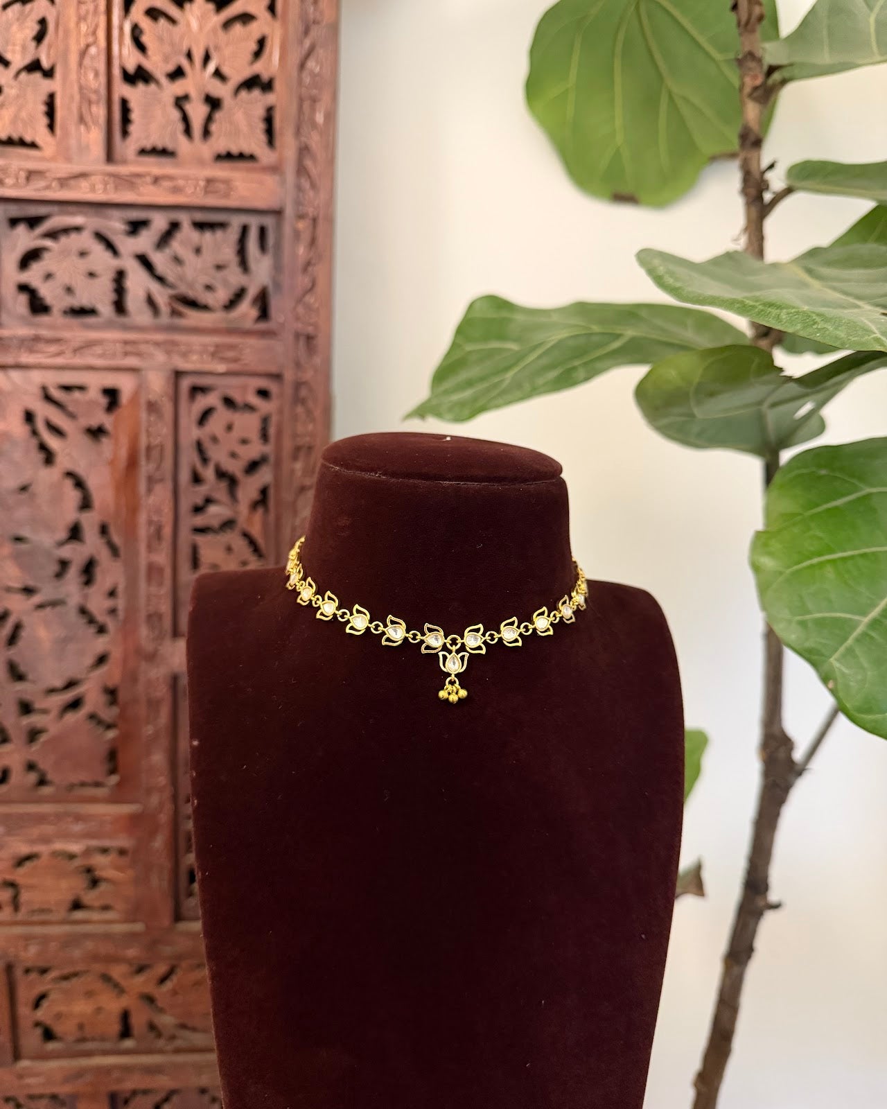 Lotus Kundan Delicate Necklace with Earrings | Handmade Gold Plated | NC814