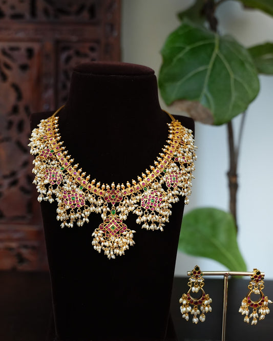 Jadau Kundan Guttapusalu Necklace with Earrings | Handmade Gold Plated | NC923
