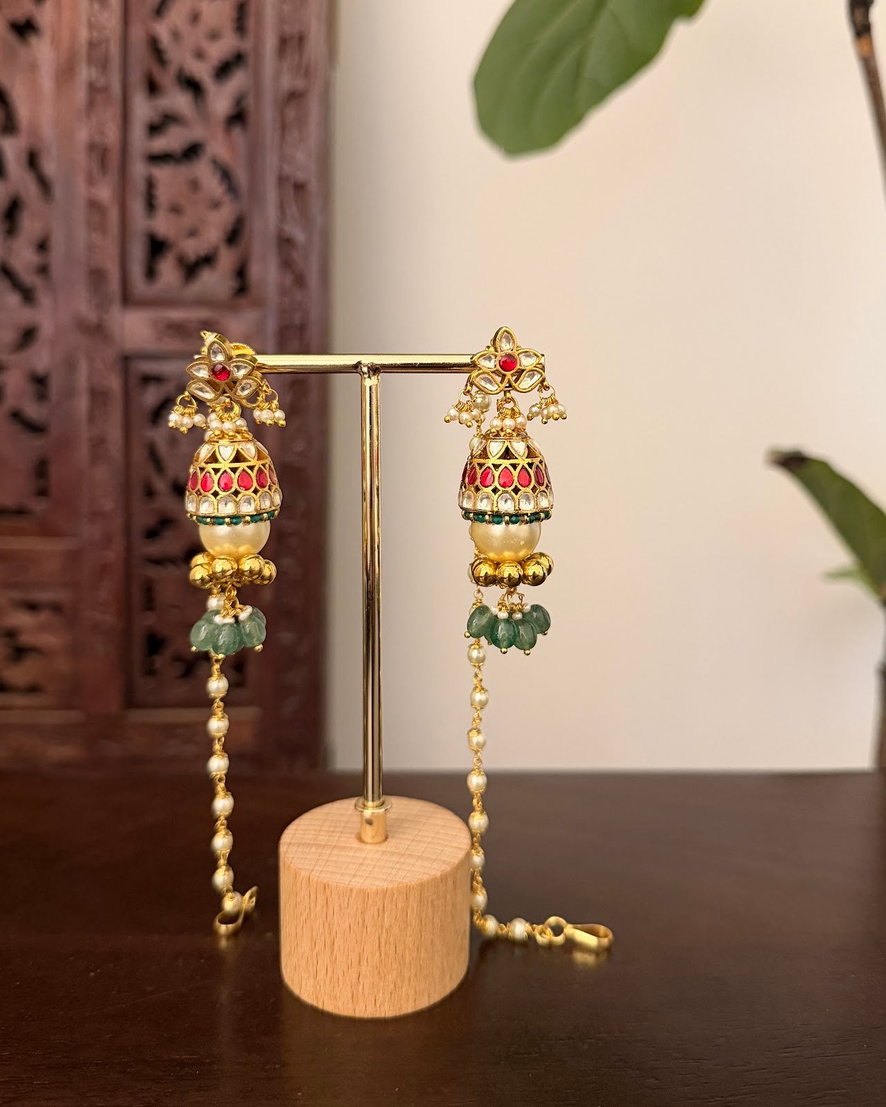 Kundan Pearl One of a Kind Earrings with Pear Ear Chain | Handmade Gold Plated | ER448