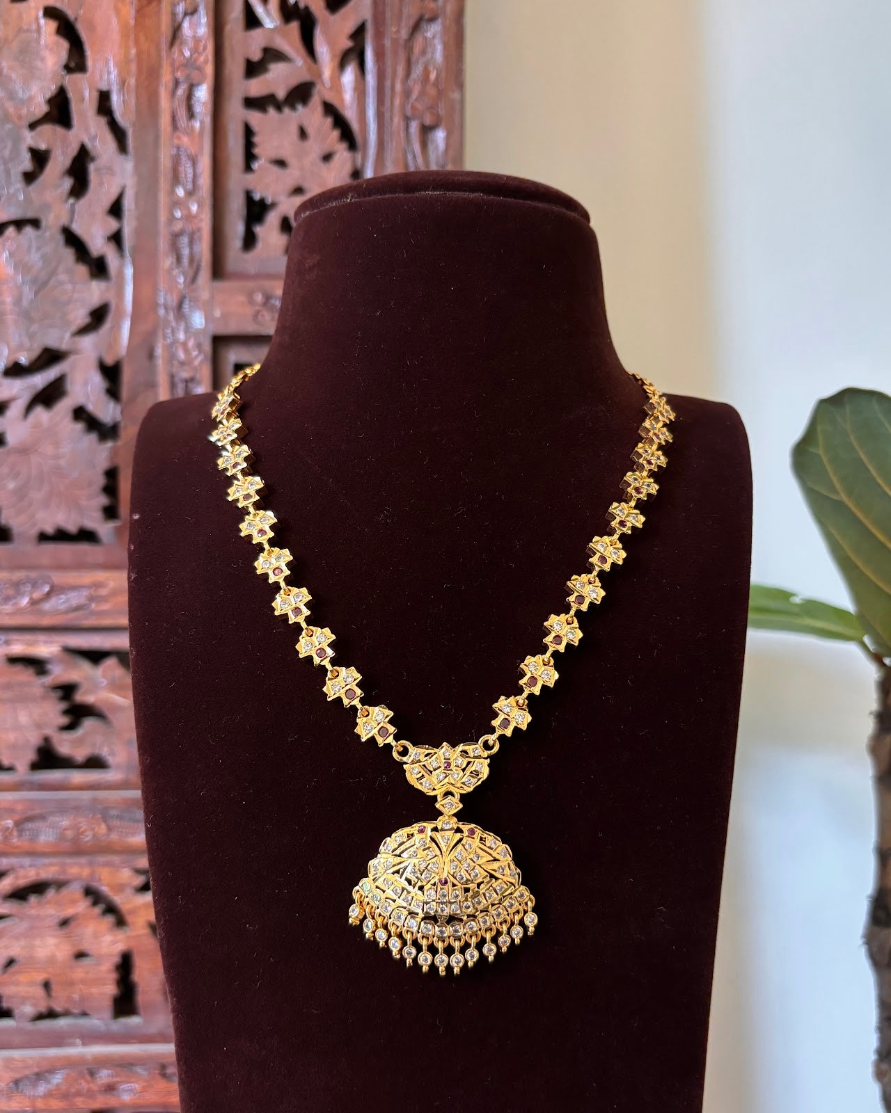 Vintage Impon Necklace | Ruby and White | Handmade Gold Tone | NC759