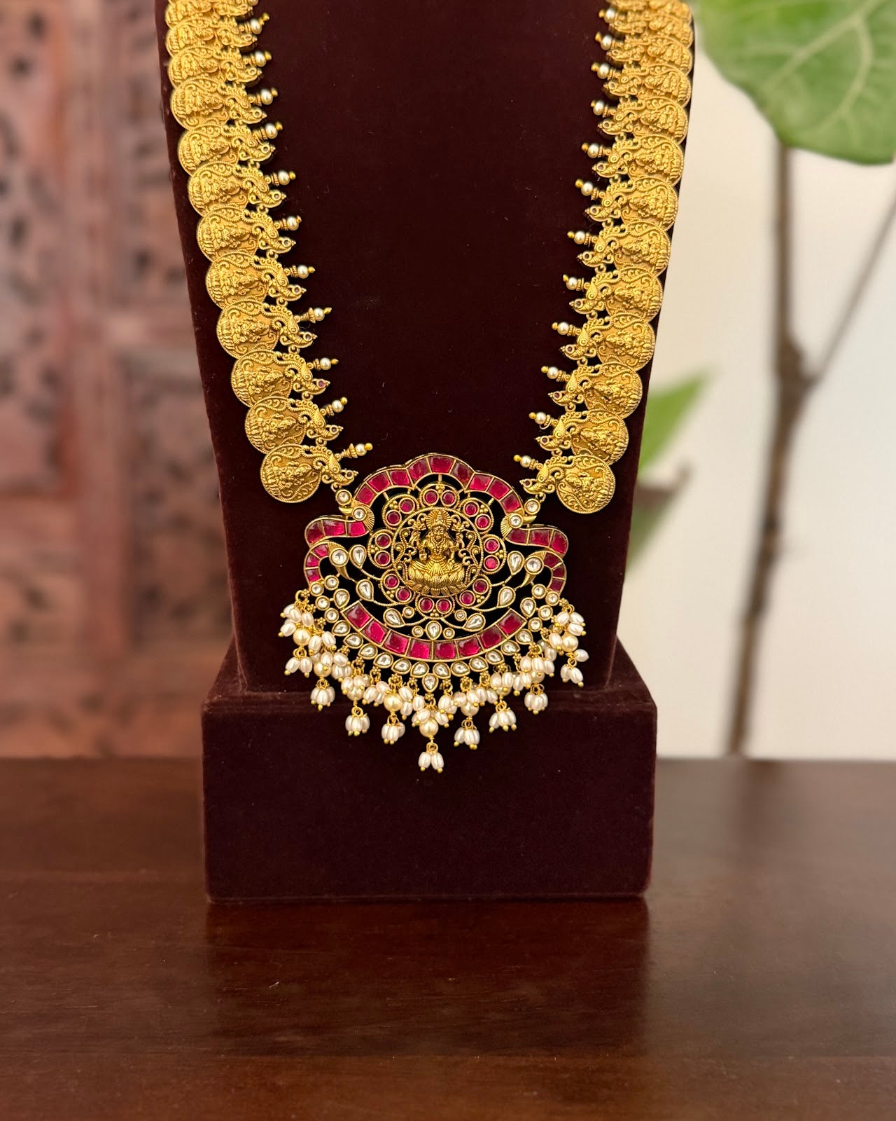 Divine Lakshmi Pendant Pearl Drop Kaasu Haram | Heritage-Inspired Handmade Gold Plated | NC833