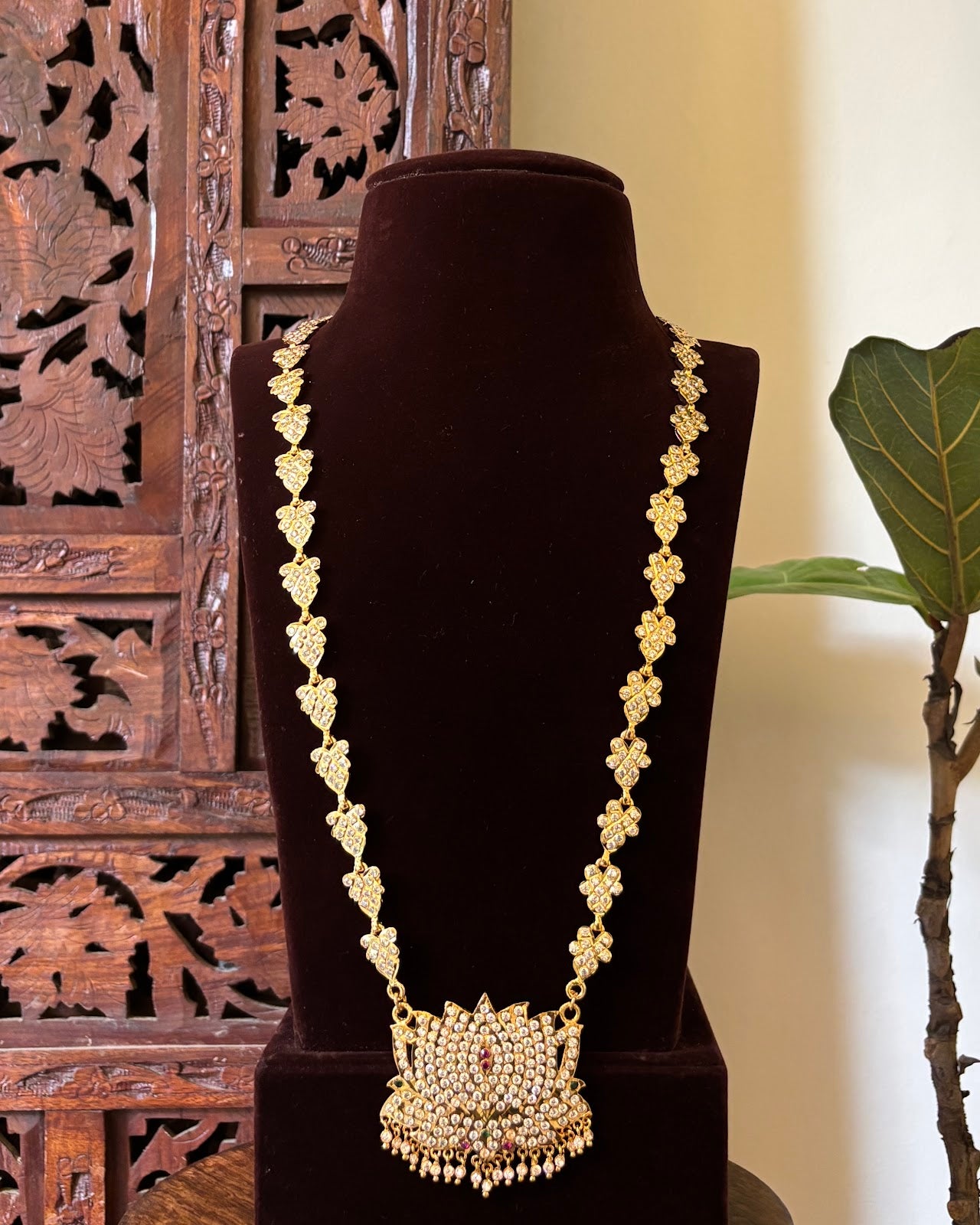 Lotus Motif Impon Pendant Haram | Ruby & White | Handmade Gold Tone | NC762