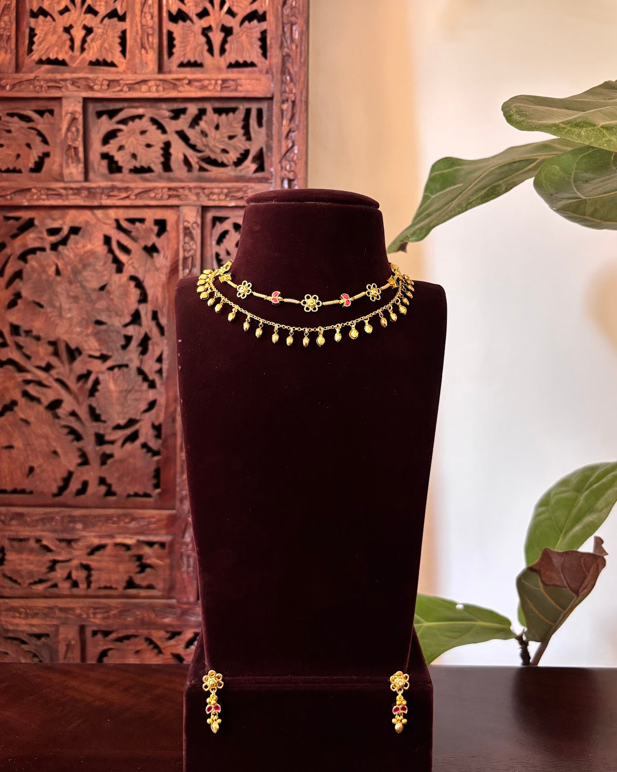 2-Layer Multi-Color Floral Kundan Choker with Earrings | Handmade Gold Plated | NC873