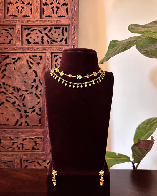 2-Layer Multi-Color Floral Kundan Choker with Earrings | Handmade Gold Plated | NC873