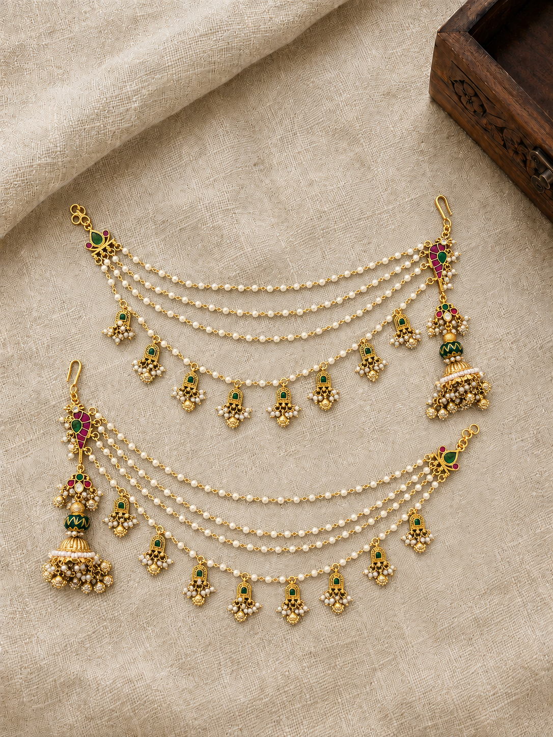 Multicolor Gold-Plated Jadau Kundan 4-Layer Ear Chain with Traditional Floral Setting | Handmade Gold Plated | EC232