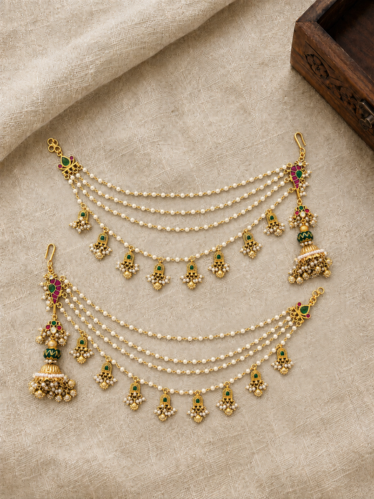 Multicolor Gold-Plated Jadau Kundan 4-Layer Ear Chain with Traditional Floral Setting | Handmade Gold Plated | EC232