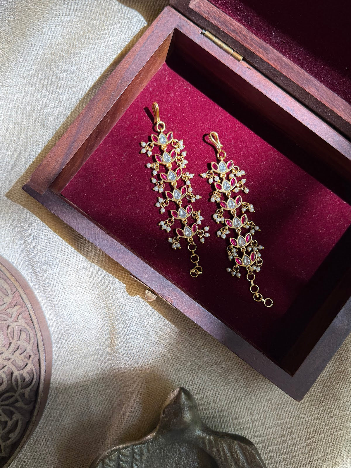 Floral Kundan Straight Ear Chain | Handmade Gold Plated | EC234