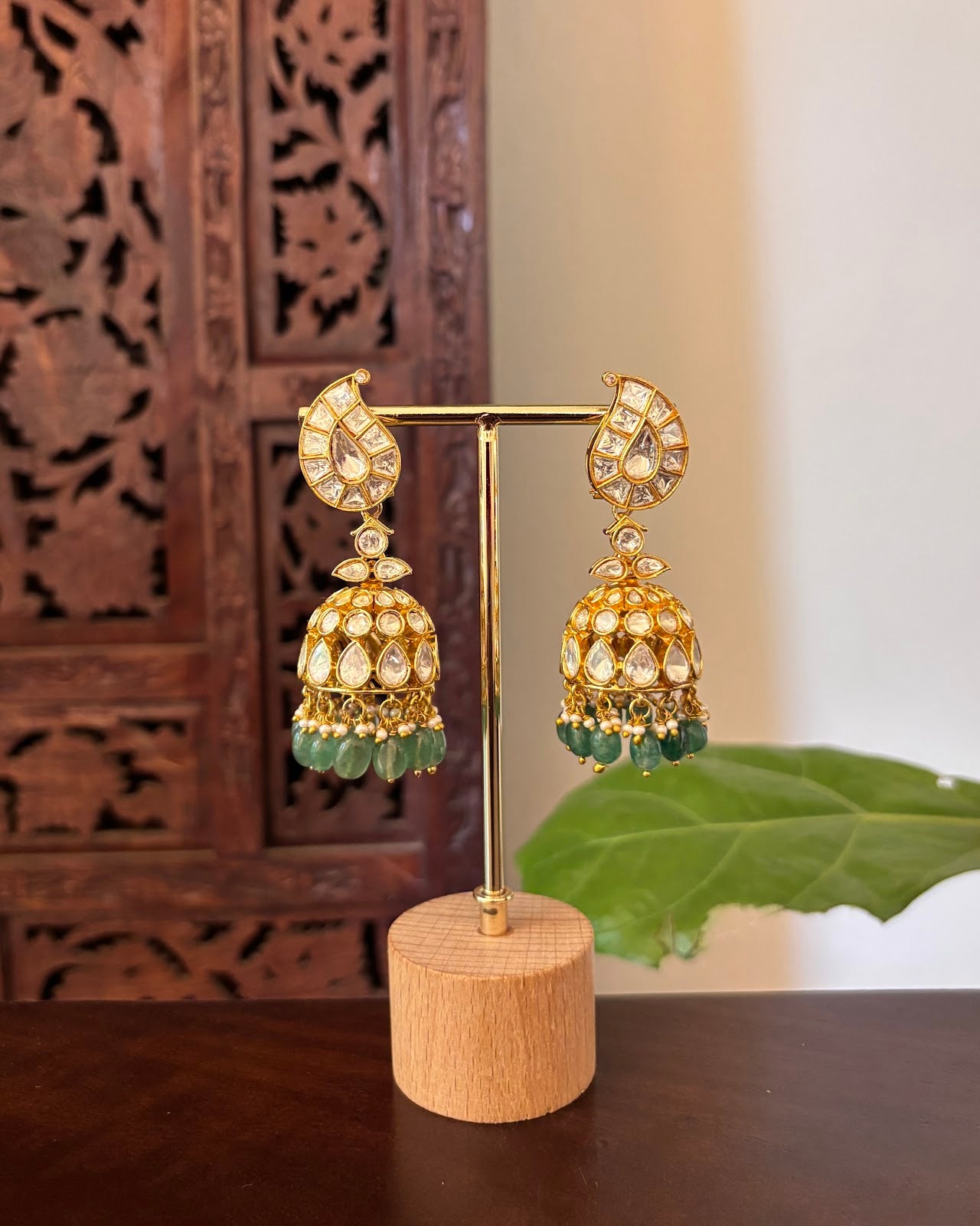 White Mango  Mossanite Jadau Kundan Jhumkas | Handmade Gold Plated | ER474
