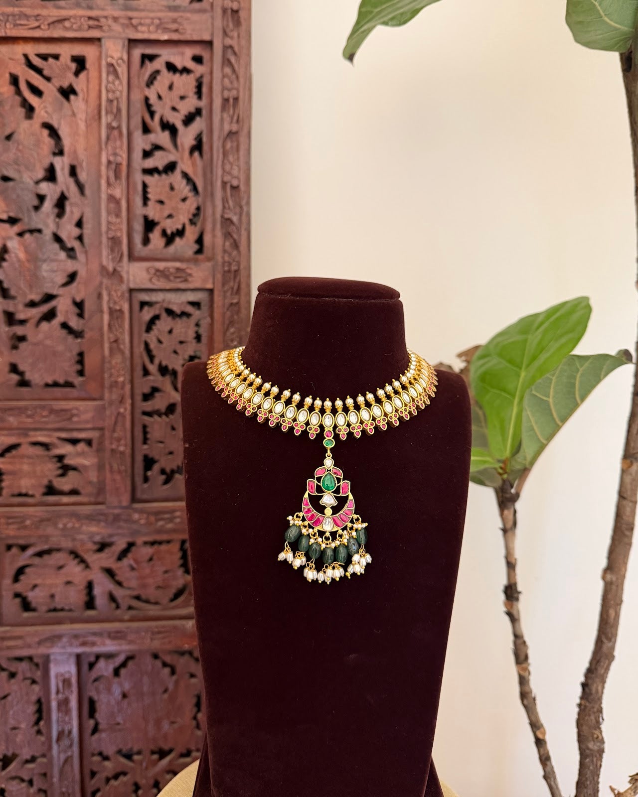 Multicolor Jadau Kundan Choker Necklace with Floral Center Pendant | Handmade Gold Plated | NC782