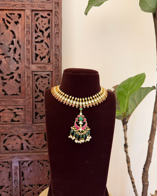 Multicolor Jadau Kundan Choker Necklace with Floral Center Pendant | Handmade Gold Plated | NC782