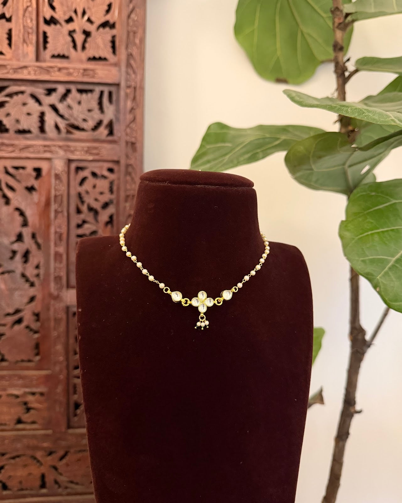 Floral Pearl Delicate Minimal Necklace | Handmade Gold Plated | NC815