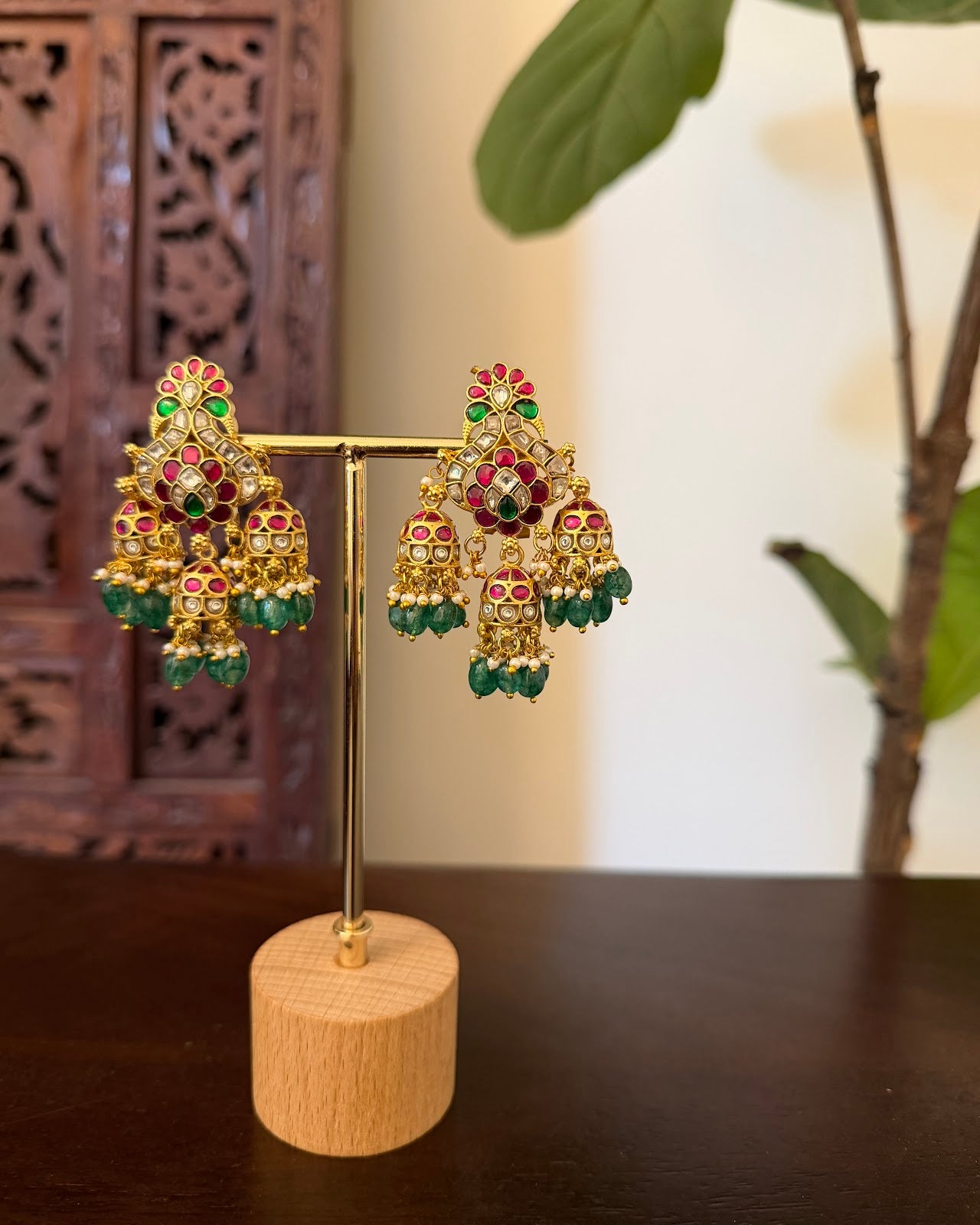 Jadau Kundan Peacock Jhumkas Earrings | Handmade Gold Plated | ER447