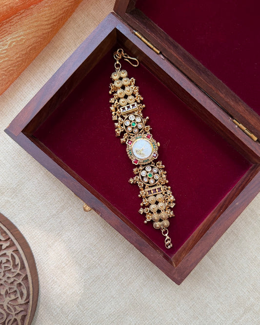 Peacock Motif Jadau Kundan Designer Watch | Handmade Gold Plated | WA003